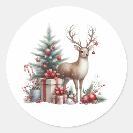 Waterverf Kerstmis rendieren Ronde Sticker (Voorkant)