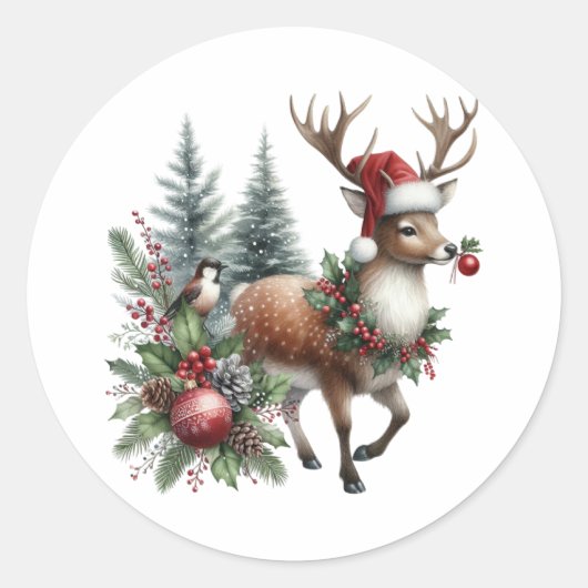 Waterverf Kerstmis rendieren Ronde Sticker (Voorkant)