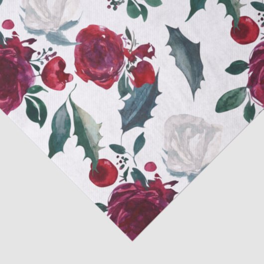 Waterverf Kerstmis Rode en Witte Winterbloemen Tissuepapier (Detail)