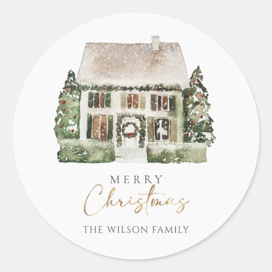 Waterverf Kerstmis Ronde Sticker (Voorkant)