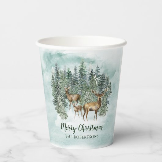 Waterverf Kerstmis Rustic Forest Deer Papieren Bekers (Achterkant)
