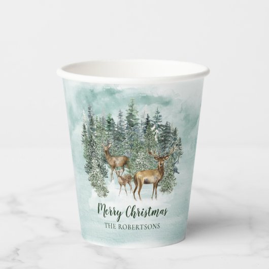 Waterverf Kerstmis Rustic Forest Deer Papieren Bekers (Voorkant)