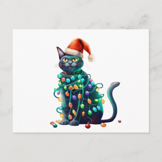 Waterverf Kerstmis Santa Cat Tree Lights Briefkaart (Voorkant)