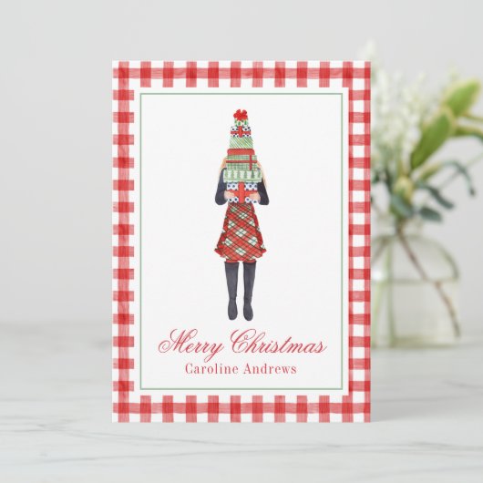 Waterverf Kerstmis Shopping Mode Meisje Feestdagenkaart (Staand voorkant)