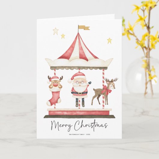 Waterverf Kerstmis Sinterklaas Carrousel Kaart (Gele Bloem)