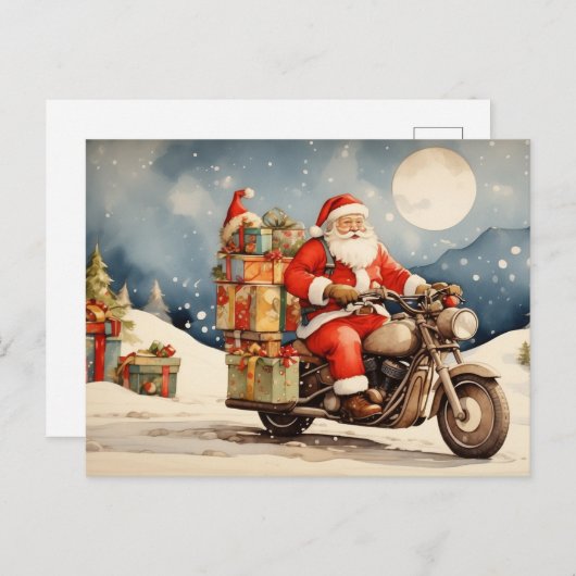 Waterverf Kerstmis Sinterklaas op Motorcycle Feestdagenkaart (Voorkant / Achterkant)