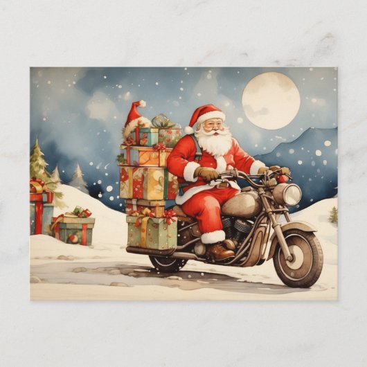 Waterverf Kerstmis Sinterklaas op Motorcycle Feestdagenkaart (Voorkant)