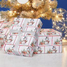Waterverf Kerstmis Sneeuwmannen In Sneeuwvlokken Cadeaupapier