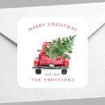 Waterverf  Kerstmis Vierkante Sticker<br><div class="desc">Waterverf  Red Truck Square Sticker</div>