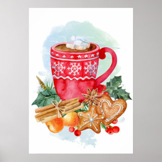Waterverf Kerstmis, warme chocolade Marshmallow Poster