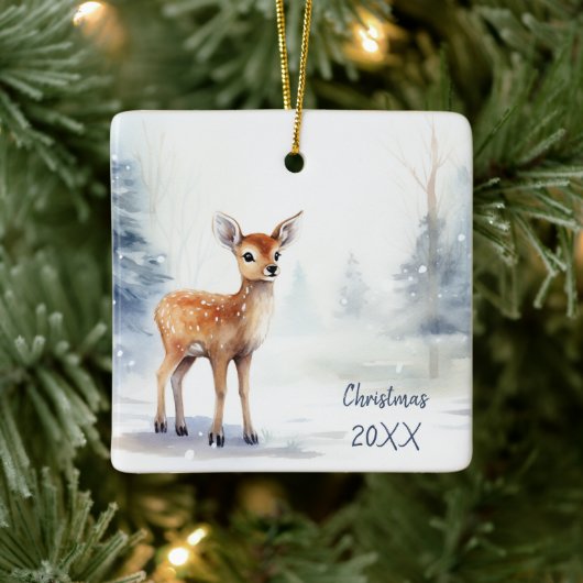 Waterverf Kerstmis Winter Fawn Keramisch Ornament (Boom)