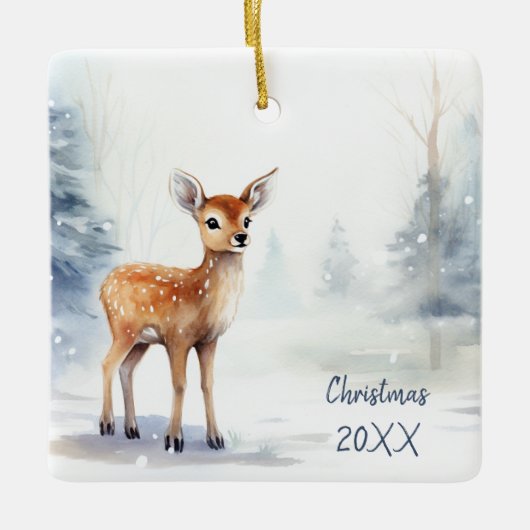 Waterverf Kerstmis Winter Fawn Keramisch Ornament (Voorkant)