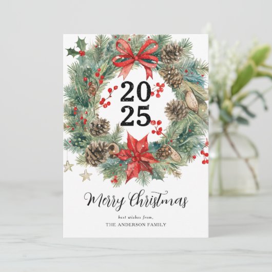 Waterverf Kerstmis Wreath Feestdagenkaart (Staand voorkant)