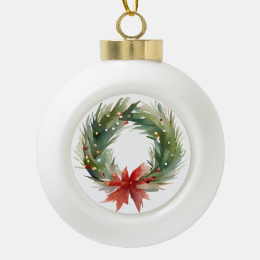 Waterverf Kerstmis Wreath Keramische Bal Ornament (Voorkant)