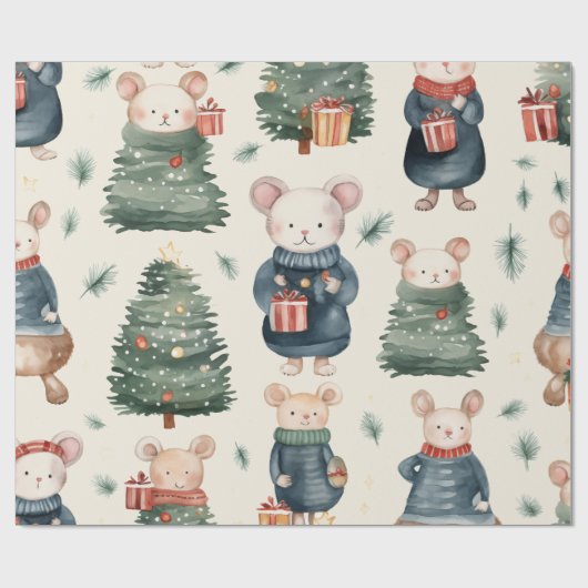  Waterverf kerstmuis Cadeaupapier (Vlak)