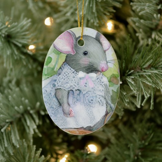 Waterverf kerstmuis keramisch ornament (Boom)