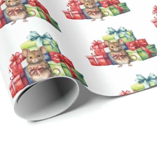 Waterverf kerstmuis met geschenken cadeaupapier (Rol Hoek)