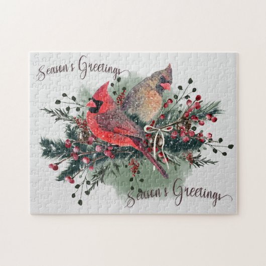 Waterverf kerstontwerp voor kardinalen legpuzzel (Horizontaal)