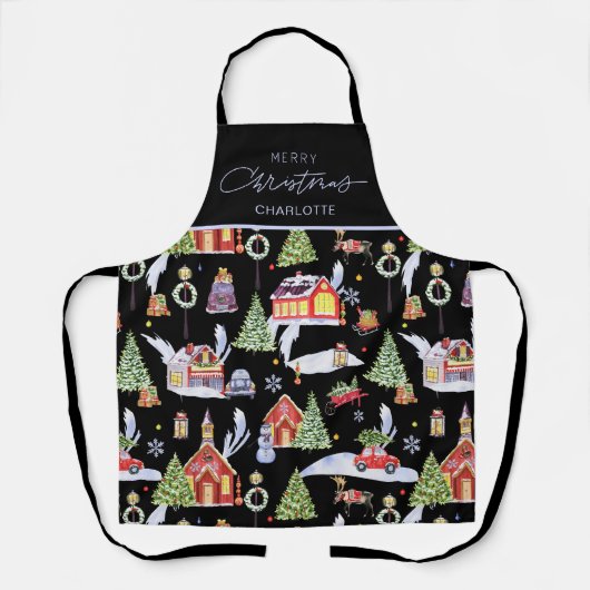 Waterverf kerstpatroon familie matching schort (Voorkant)