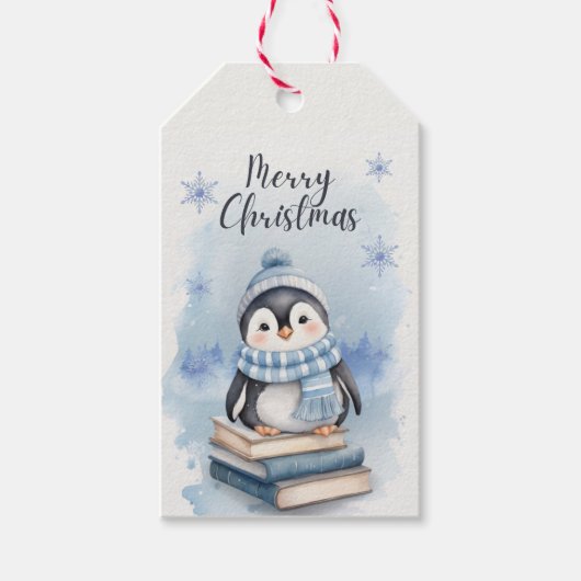Waterverf kerstpinguïn cadeaulabel (Voorkant)