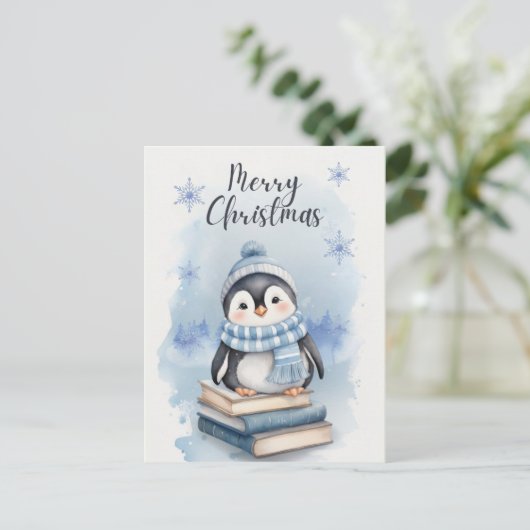 Waterverf kerstpinguïn feestdagenkaart (Staand voorkant)