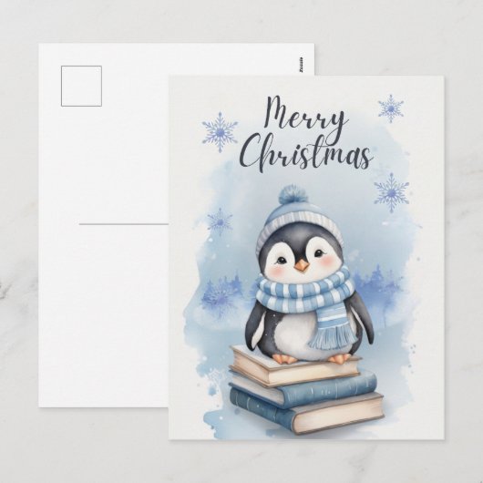 Waterverf kerstpinguïn feestdagenkaart (Voorkant / Achterkant)