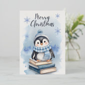 Waterverf kerstpinguïn folie feestdagenkaart (Staand Voorkant)