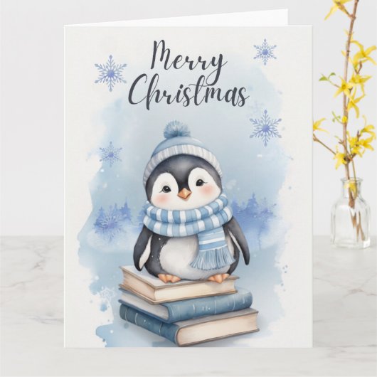 Waterverf kerstpinguïn kaart (Gele Bloem)