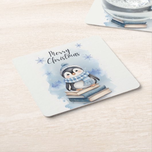 Waterverf kerstpinguïn kartonnen onderzetters (Schuin)