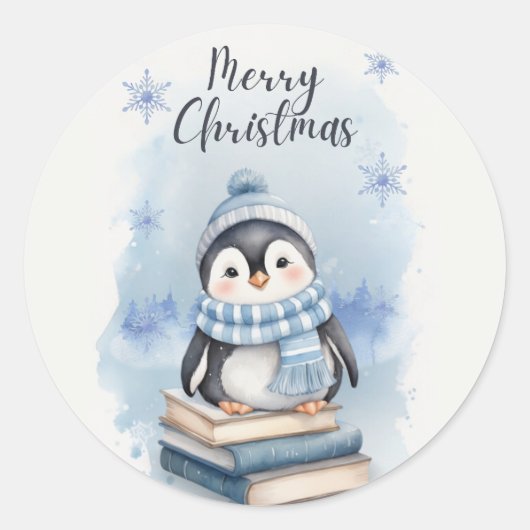 Waterverf kerstpinguïn ronde sticker (Voorkant)