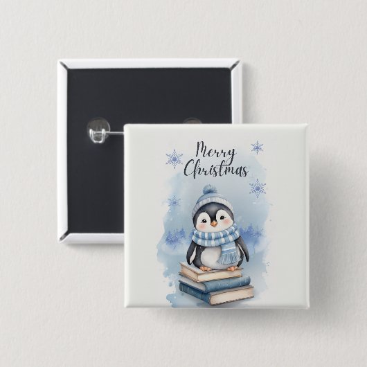 Waterverf kerstpinguïn vierkante button 5,1 cm (Voorkant /achterkant)