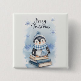 Waterverf kerstpinguïn vierkante button 5,1 cm