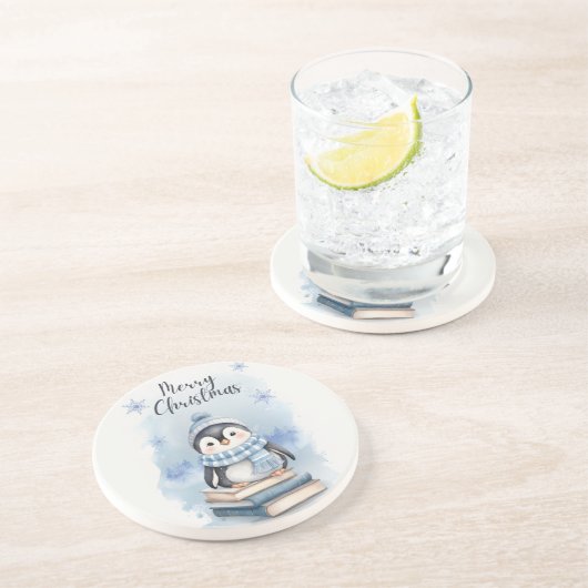 Waterverf kerstpinguïn zandsteen onderzetter (Zijkant)
