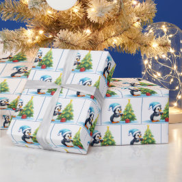 Waterverf kerstpinguïns cadeaupapier