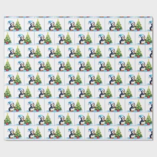 Waterverf kerstpinguïns cadeaupapier (Vlak)