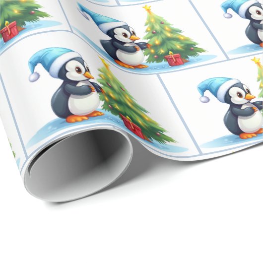 Waterverf kerstpinguïns cadeaupapier (Rol Hoek)