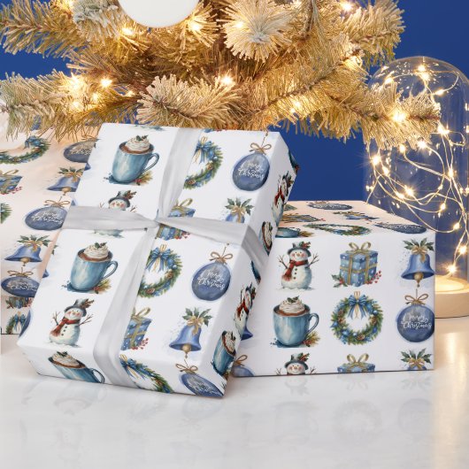 Waterverf Kerstplezier op wit Cadeaupapier (Feestdagen)