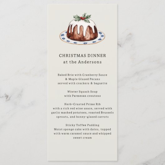 Waterverf Kerstpudding Festivale Diner Menu (Voorkant)