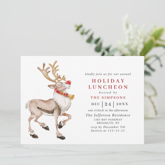 Waterverf kerstrenrendiertje HOLIDAY LUNCHEON Kaart (Staand voorkant)