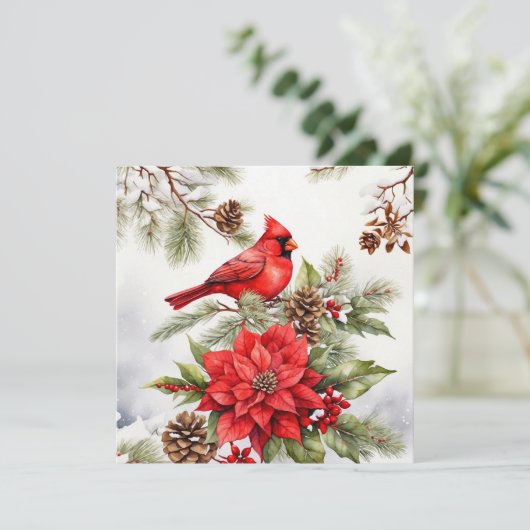 Waterverf Kerstrode kardinaal en Poinsettia Feestdagenkaart (Staand voorkant)