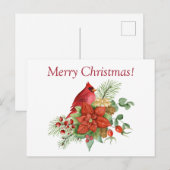 Waterverf Kerstrode kardinaal en Poinsettia Feestdagenkaart (Voorkant / Achterkant)