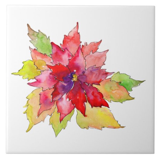 Waterverf kerstrood en groen poinsettia tegeltje (Voorkant)