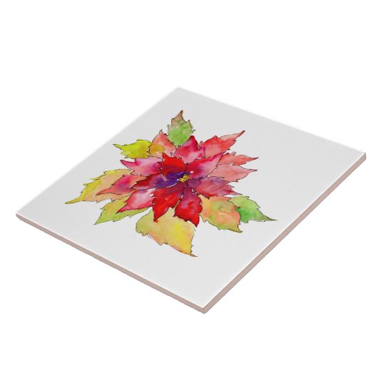 Waterverf kerstrood en groen poinsettia tegeltje (Zijkant)