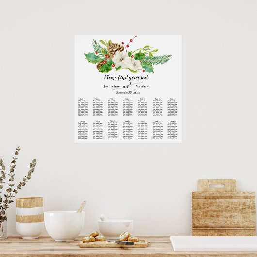 Waterverf kerstRoos Holly Pine Seating Chart Poster (Keuken)