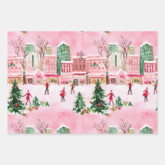  waterverf kerstschaatsen stad scene inpakpapier vel (Voorkant 3)