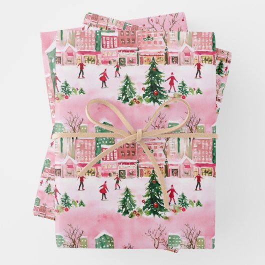  waterverf kerstschaatsen stad scene inpakpapier vel (In situ)