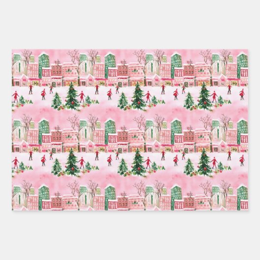  waterverf kerstschaatsen stad scene inpakpapier vel (Voorkant)