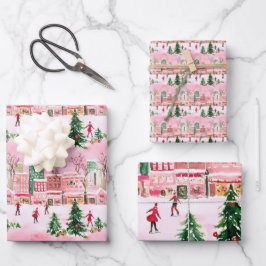  waterverf kerstschaatsen stad scene inpakpapier vel