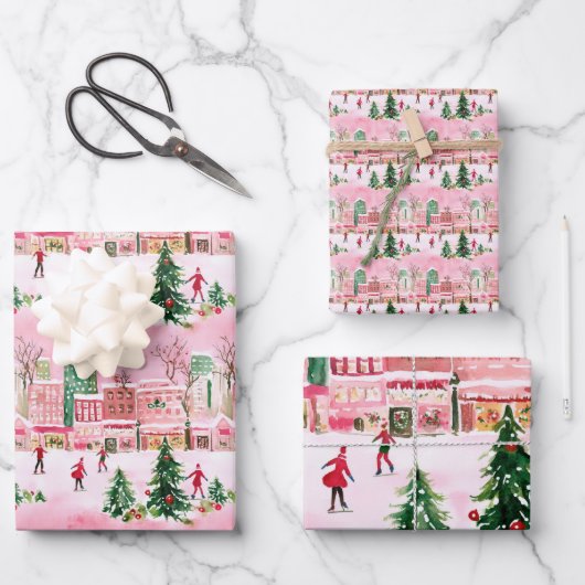  waterverf kerstschaatsen stad scene inpakpapier vel (Voorkant)