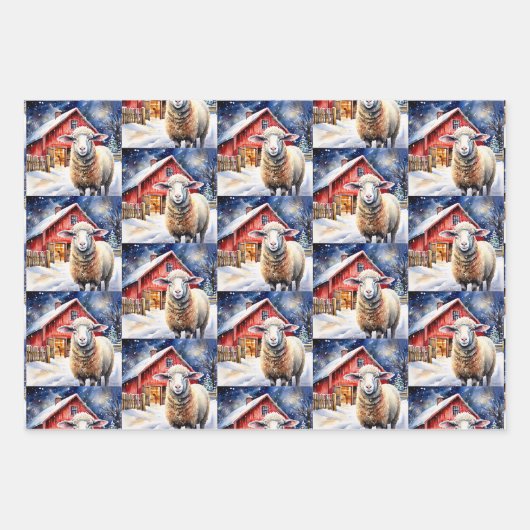 Waterverf kerstschapen en rustieke schuur Inpakpapier Vel (Voorkant 3)